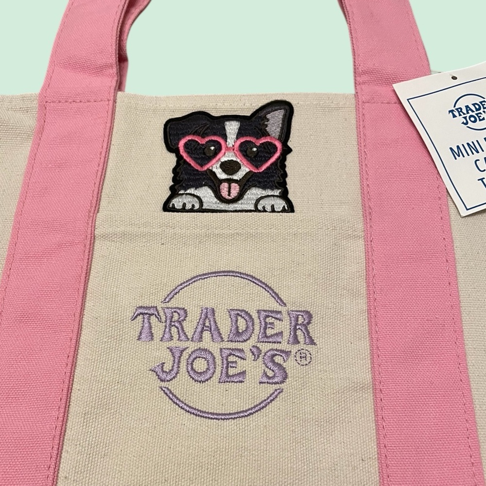 🐶Trader Joe's Mini Pastel Canvas Tote-Pink & Natural, One-Sided Cute Dog Design